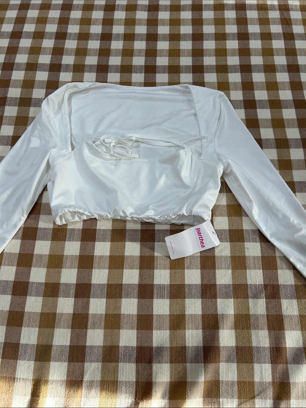 Long-Sleeve Satin Crop Top with Tie Front - White